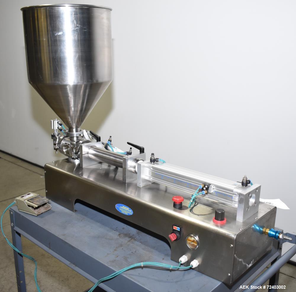 Used Wenzhou Rigao Table Top Semi Automatic Piston Filler, Model DYF. 316L Stainless steel product contact. Filling speed 5 to 20 bottles per minute. Filling accuracy /= 1% +/-. Filling range: approx...
